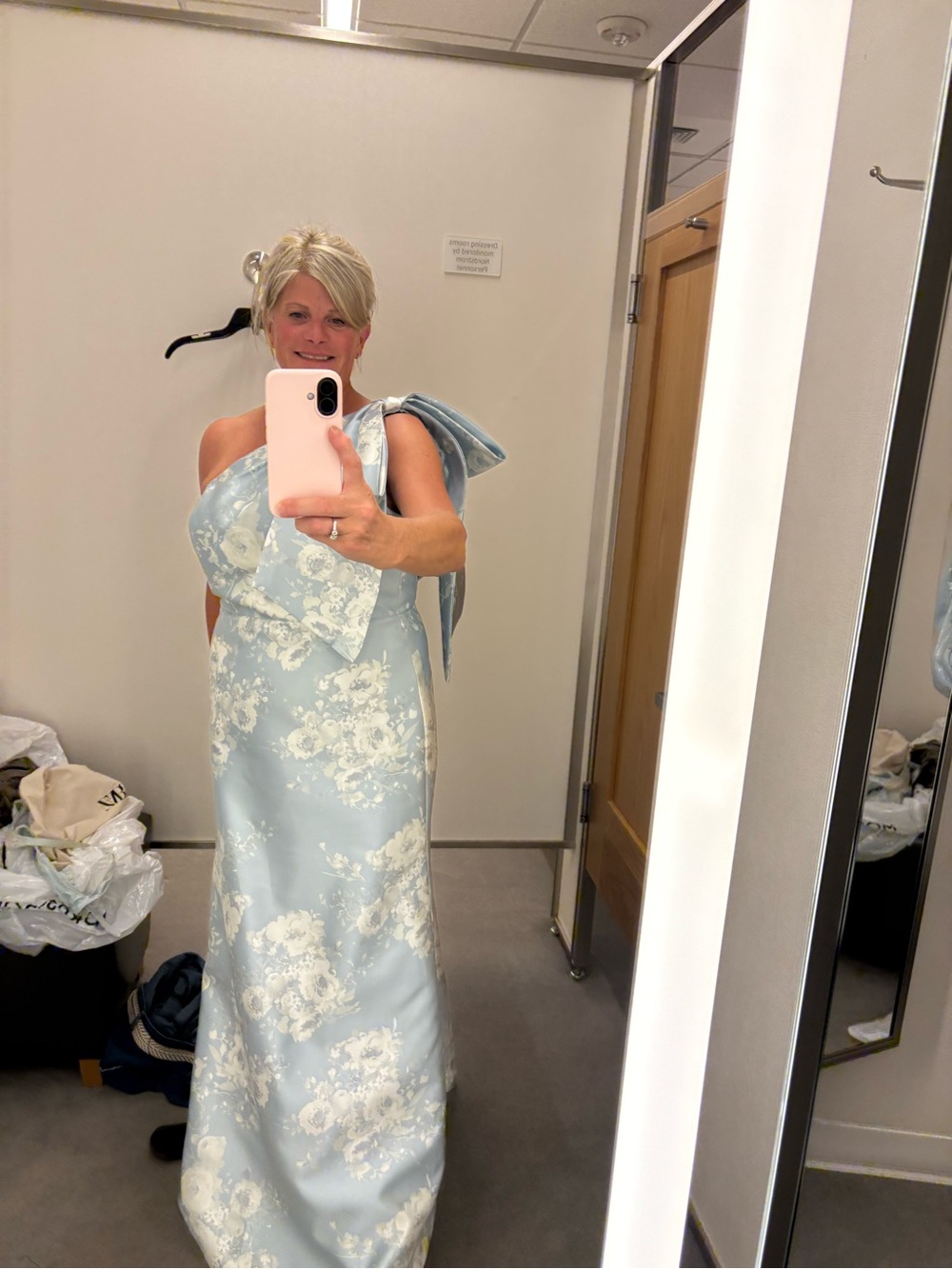ALFRED SUNG One-Shoulder Pale Blue and Ivory Floral Jacquard Gown - Picture 2 of 7